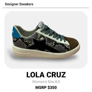 Lola Cruz Designer Sneakers Women 6.5 Snake Print Leather Suede Italy MSRP $350
